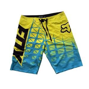 Fox Racing Given Board Shorts Mens 32 Swim Trunks Yellow Blue Moto Surf Beach